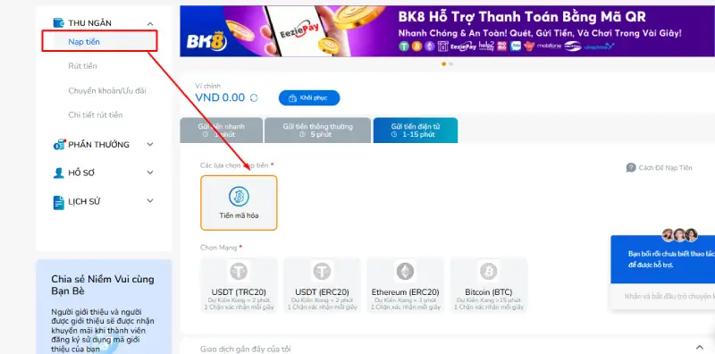 Nạp tiền mã hóa tại BK8